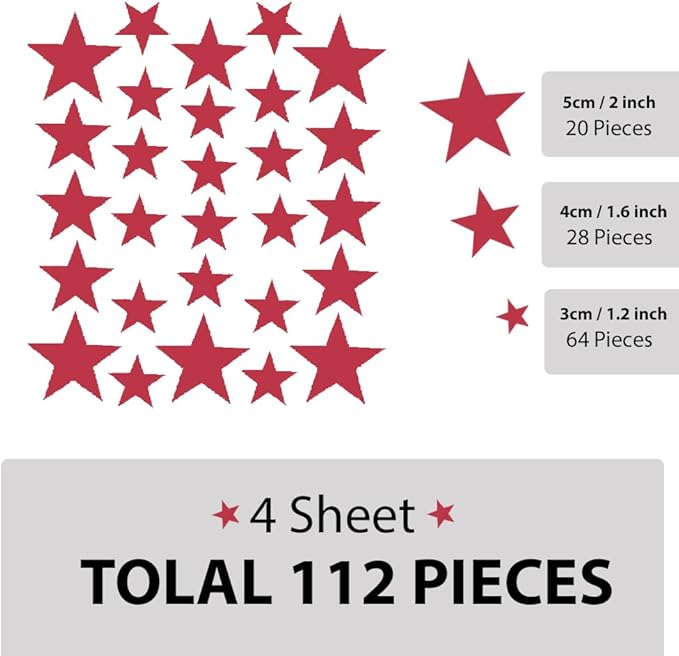 112 Red Star Wall Stickers - Peel and Stick Vinyl Decals for Nursery, Kids Room, Bedroom, Reusable & Removable, Safe on Walls, Elegant Decor by BugyBagy