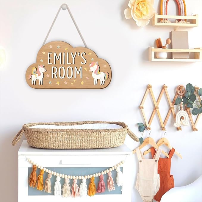 Wooden Unicorn Name Sign | Personalized Cloud Door Hanger for Nursery Wall Art, Girls Bedroom Decor, Playroom Decoration, Room Wall Hanging