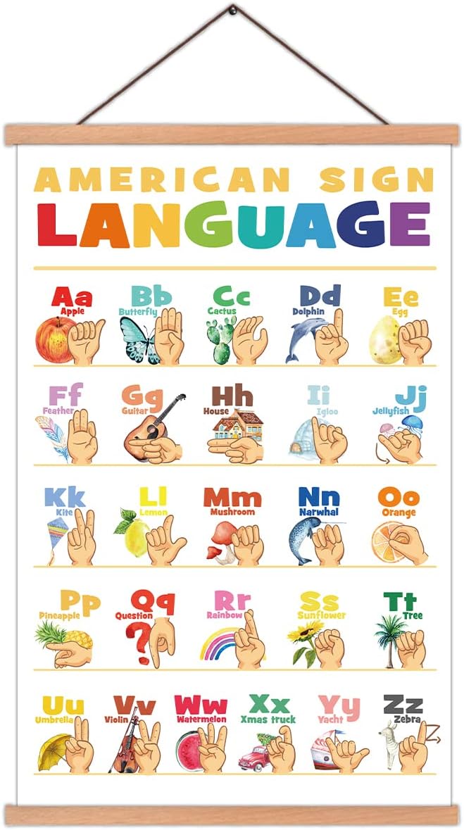 KAIRNE American Sign Language Poster With Wood Magnetic Hanger Framed(35CMx56CM),ASL Alphabet Wall art Teaching Aid alphabet Chart for Kids Playroom Classroom Decor