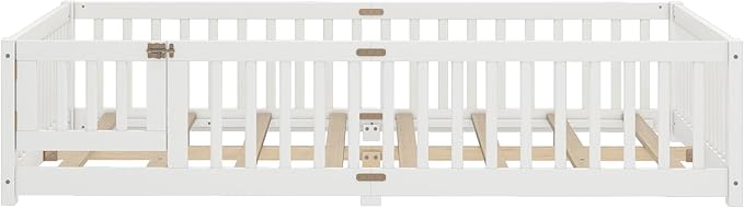 Bellemave Queen Size Floor Bed Frame with Slats and Safety Guardrail, Wood Queen Size Montessori Floor Bed with Door and Fence, Easy Assemble Montessori Beds for Kids, Girls, Boys, White