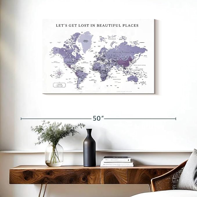 ElephantStock - Beautiful Places II Push Pin World Map Wall Art - Horizontal Canvas Wall Art - Living Room Wall Decor - Digital Art Map Canvas Art - White And Black Decor - 36" x 24"