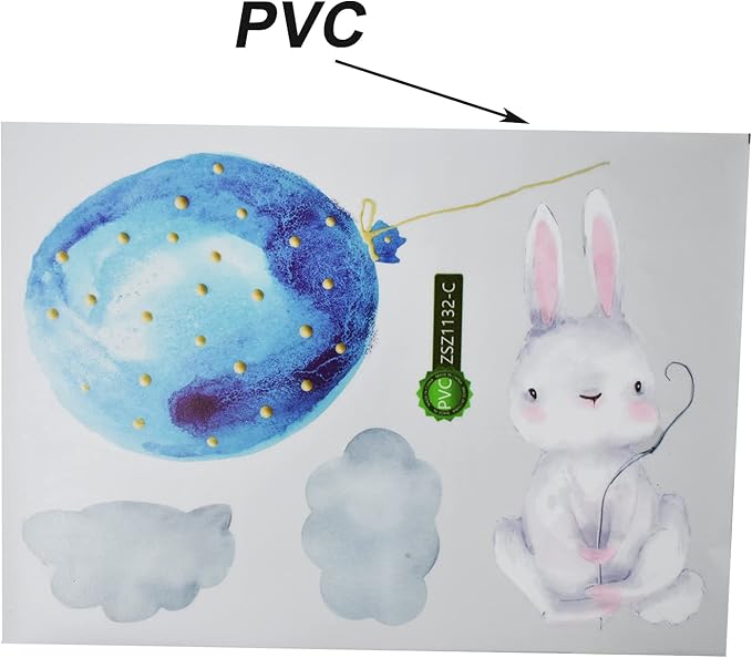 Maydahui Flying Bunny Wall Stickers Removable Peel and Stick Watercolor Cartoon Animal Wall Decal (36 x 28 Inch) Balloon Cloud Cute Rabbit Sticker Decor for Kids Bedroom Nursery Living Room Birthday