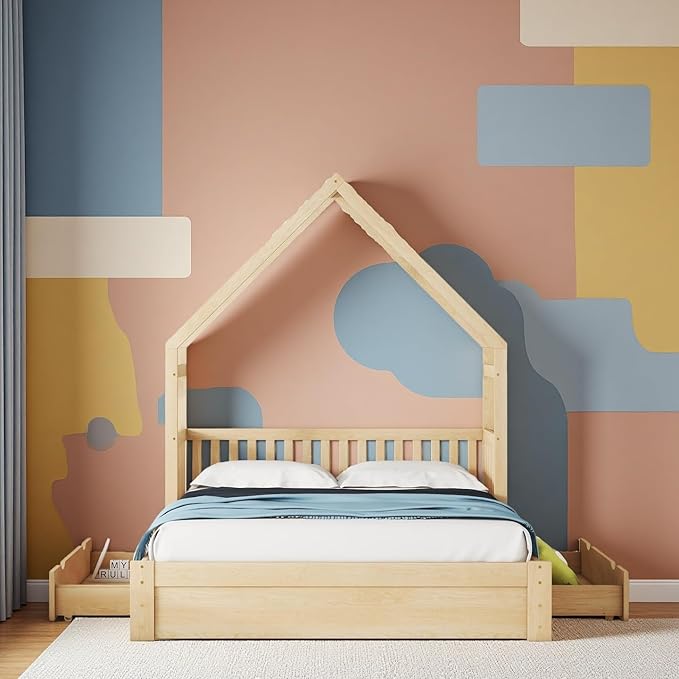 SOFTSEA Queen Size House Platform Bed with Drawers, Queen Floor Bed with Storage Drawers, Wood House Bed Frame with Guardrails and Roof, No Box Spring Needed, Natural