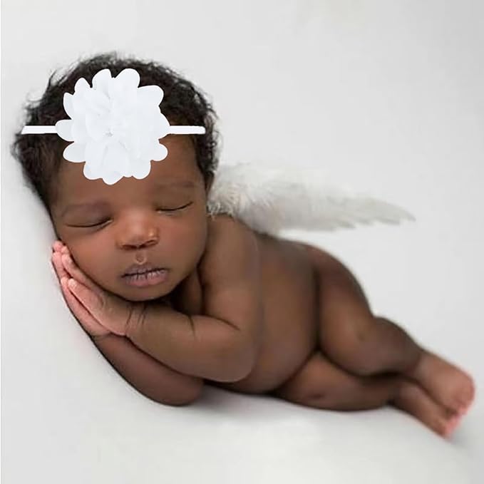 2PCS White Angel Wings With Chiffon Flower Headband For Newborn Infant Photography Props Soft Fairy Feather Wings For Toddlers Kids Girls Gifts(Color F, One Size)