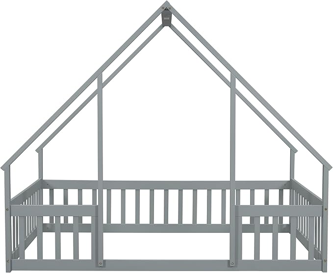 Bellemave Full Floor Bed for Kids, Girls, Boys, Wood House Bed Frame, House Floor Bed for Kids, Full Size Montessori Floor Bed with Fence, Playhouse for Kids, Gray