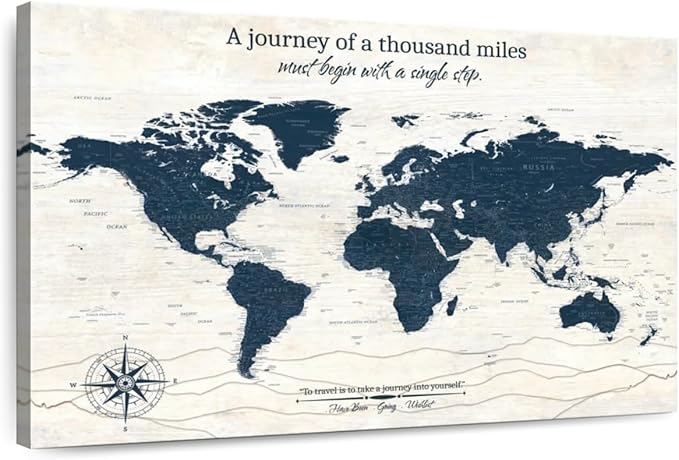 ElephantStock - A Journey I Push Pin World Map Wall Art - Horizontal Canvas Wall Art - Living Room Wall Decor - Digital Art Map Canvas Art - Blue And Beige Decor - 30" x 20"