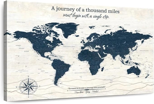 ElephantStock - A Journey I Push Pin World Map Wall Art - Horizontal Canvas Wall Art - Living Room Wall Decor - Digital Art Map Canvas Art - Blue And Beige Decor - 24" x 16"