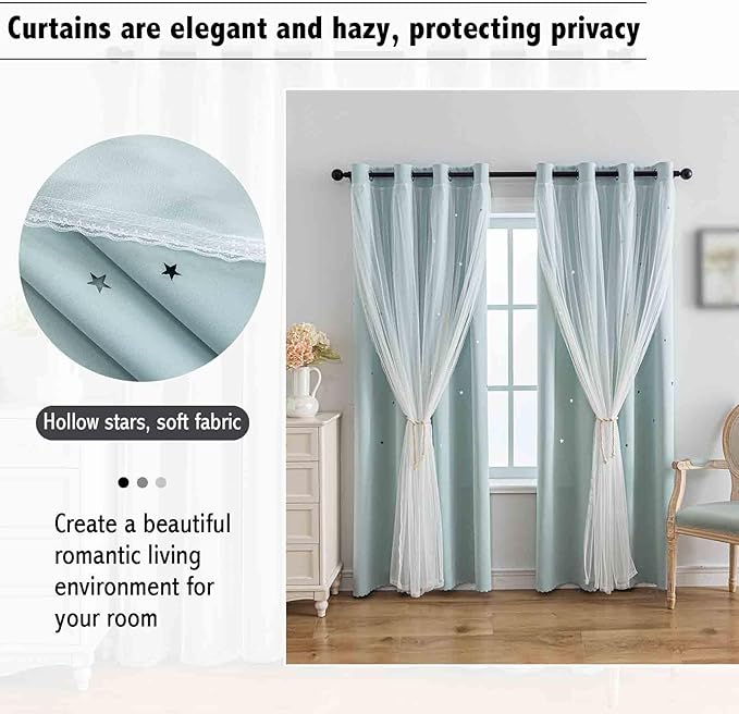 Anytime Romantic Kids Curtain,Hollow-Out Stars Window Curtain Double Layer Blackout Curtains for Girls Bedroom Kids Room 2Panel,(W52 x L63,Light Blue)