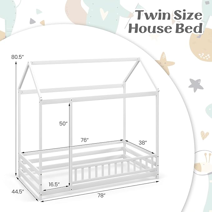 KOMFOTT Twin Size Floor House Bed, Wooden Montessori Bed with Roof & Full-Length Safety Guardrail, Floor Playhouse Bed Frame for Kids, Girls, Boys (White)