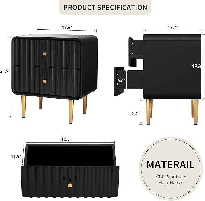 HLR Modern Nightstand, Fluted Bed Side Table with 2 Drawers Storage, Wood End Table with Gold Metal Handle, Black Night Stands for Bedroom