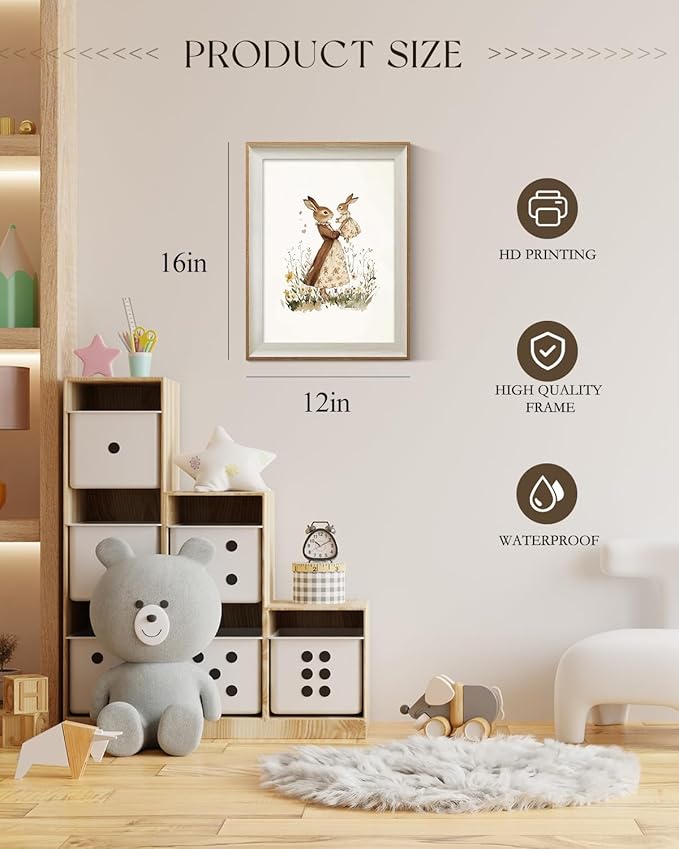 ARPEOTCY Framed Canvas Wall Art, 12x16 Inch Vintage Bunny Mom and Baby Rabbit Print, Nursery Wall Decor for Baby Room, Girls Bedroom or Mother's Day Gift