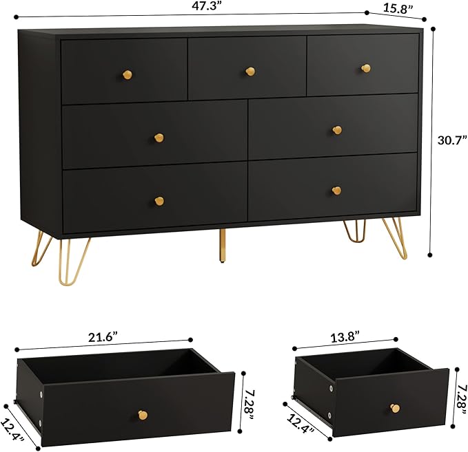 Black Dresser for Bedroom, Modern 7 Drawer Dresser with Gold Handles and Metal Legs, Black and Gold Dressers & Chest of Drawers for Hallway, Entryway