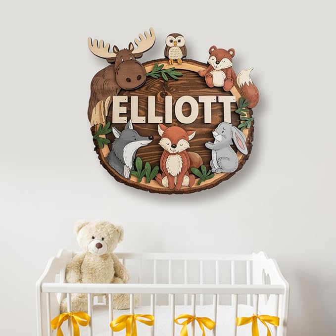 Personalized Baby Name Wooden Sign, Animals, Nursery Decor, Baby Gifts, Custom Name Sign, Wall Art, 8 Inch, Rustic