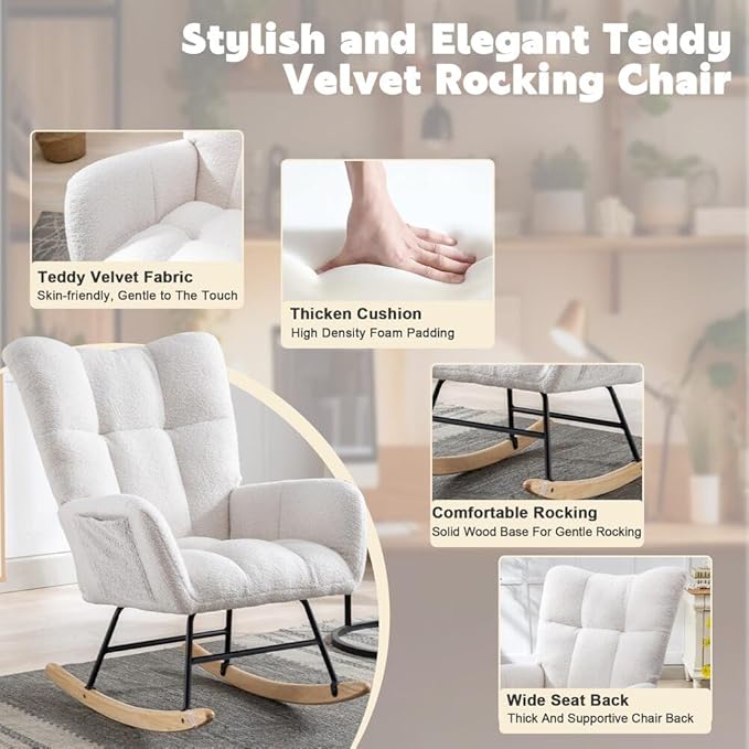 Nursery Rocking Chair Teddy Upholstered Glider Rocker Rocking Accent Chair with High Backrest Armchair Comfy Side Chair for Living Room, Bedroom, Offices (White)