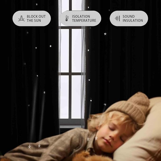 Anytime Romantic Kids Curtain,Hollow-Out Stars Window Curtain Double Layer Blackout Curtains for Girls Bedroom Kids Room 2Panel,(W52 x L63,Coffee)
