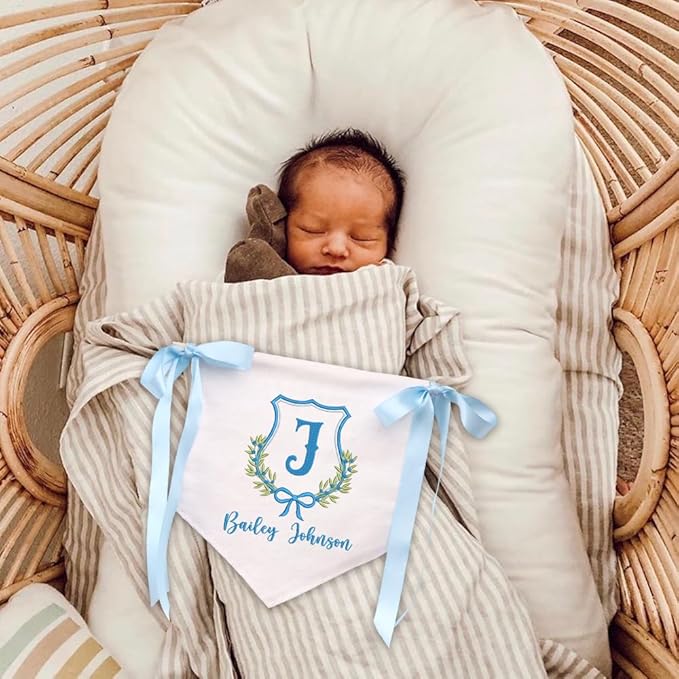 Embroidered Baby Name Sign Personalized Baby Announcement Sign Newborn Baby Banner with Bows Baby Hospital Name Sign Canvas Hanging Pennant Flag Custom Infant Baby Name Baby Shower Banner (15)