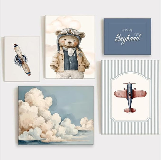 Vintage Baby Boy Nursery Wall Art Retro Airplane Travel Kids Room Canvas Wall Decor Teddy Bear Pictures Navy Blue Aviation Posters Cloudy Sky Painting Print Artwork for Boy Room Playroom, Framed