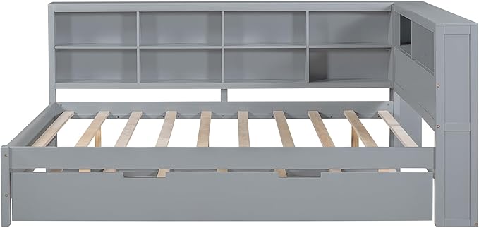 Harper & Bright Designs Full Size Daybed With Trundle and Charging Station, Wooden Storage Bed Frame With L-Shaped Bookcases, Platform Bed With Shelves for Kids Girls Boys, Gray