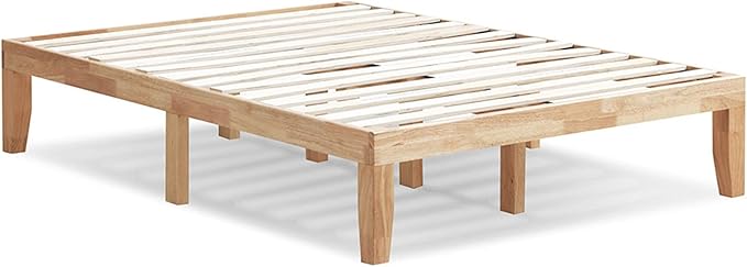 KOMFOTT 14 Inches Wood Platform Bed Frame Full Size, Wooden Mattress Foundation with Rubber Wood Frame, Strong Slats Support, No Box Spring Needed, Bed Frame (Natural)