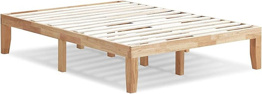 KOMFOTT 14 Inches Wood Platform Bed Frame Full Size, Wooden Mattress Foundation with Rubber Wood Frame, Strong Slats Support, No Box Spring Needed, Bed Frame (Natural)