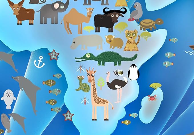 artgeist Textured Canvas Wall Art World Map for Children 24x16 in - 1pcs Painting Canvas Prints Picture Artwork Image Framed Contemporary Wall Home Map Kindergarten Animals Blue k-C-0138-b-a