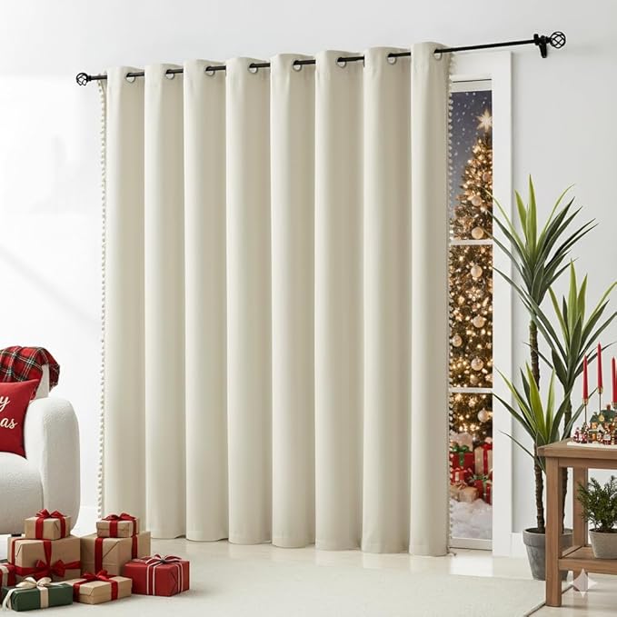 Treatmentex Pom Pom Sliding Door Blackout Curtains Ivory 100"x 84" Extra Wide Patio Door Curtain Panels with Pom Poms Room Darkening Curtains Thermal Insulated Curtains 1 Panel, Natural