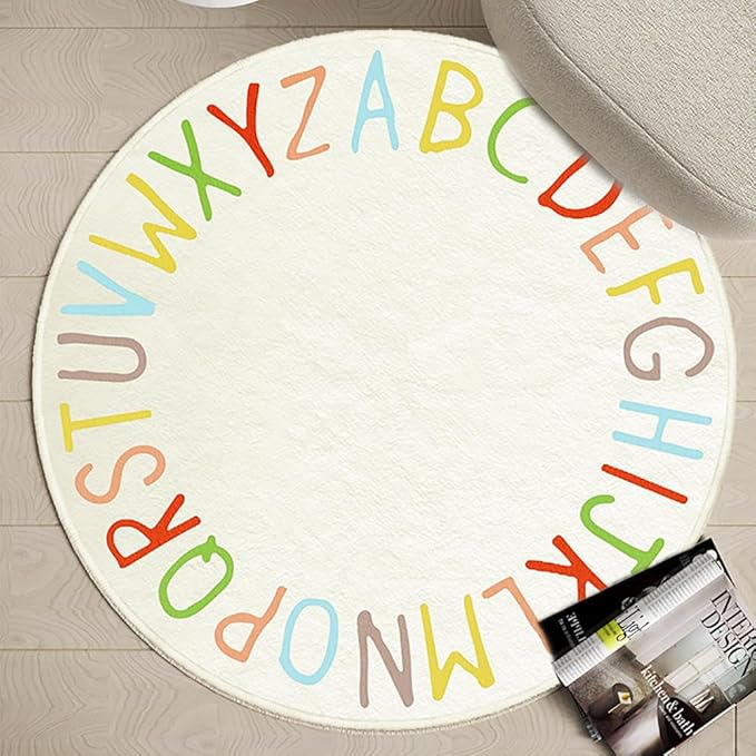 SHIPKEY Round Rug, Round Play Rug for Kids, Colored Alphabet Nursery Area Rugs, Kids Bedroom Rugs, Non-Slip Mat, Carpet for Living Room (3.3 feet)