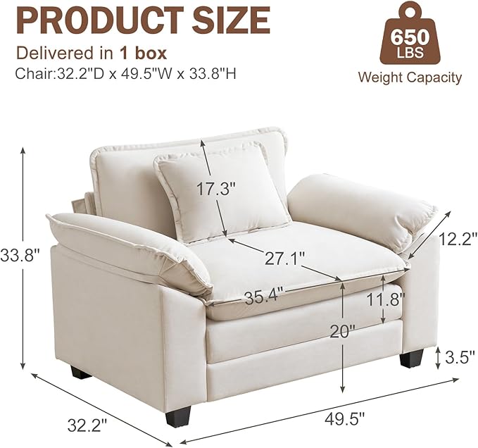 CDCASA Oversized Accent Chair, Velvet Comfy Cloud Sofa Chair with Large Seat and Upholstered Armrests, Modern Extra Wide Armchair Reading Chairs for Bedroom, Living Room, Beige
