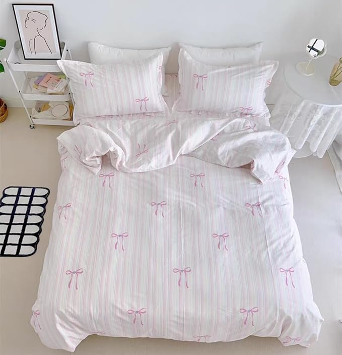 Pink Striped Duvet Cover Queen Size Bow Bedding Set 3 Pieces Kids Boys Girls Princess Style Bowknot Heart Pattern Stripe Reversible Coquette Soft Microfiber Duvet Cover Set with Zipper Closure