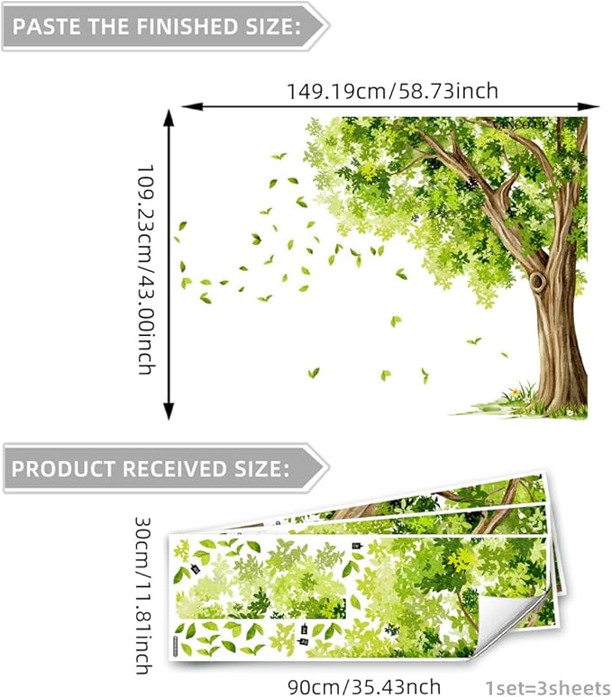 Large Green Tree Branch Wall Decals Hanging Vine Leaf Branch Wall Stickers Peel and Stick Wall Art Murals Decor Vinyl for Bedroom Living Room TV Background Wall Decor
