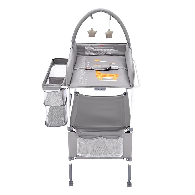 VEVOR Baby Changing Table, Foldable Diaper Change Station with 2 Fabric Drawers, Side Basket and Hanging Rod, Adjustable Height Changing Table with Lockable Wheels and 2 Star Toys, Light Gray