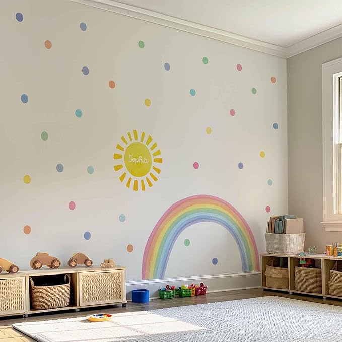 Watercolor Rainbow, Sun, Polka Dots Wall Decal for Kids Room, Nursery, Baby Room Decor, Polka Dots Mural, Rainbow Wallpaper (Rainbow-Sun-Polkadots, Medium)