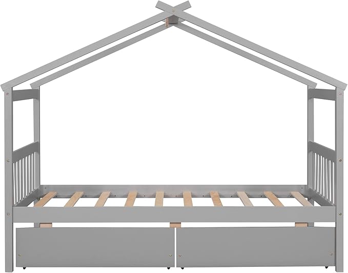 Merax Twin Size Wooden House Bed with Two Drawers, Wood Bed Frame with Roof for Kids, Teens, Boys or Girls, Grey
