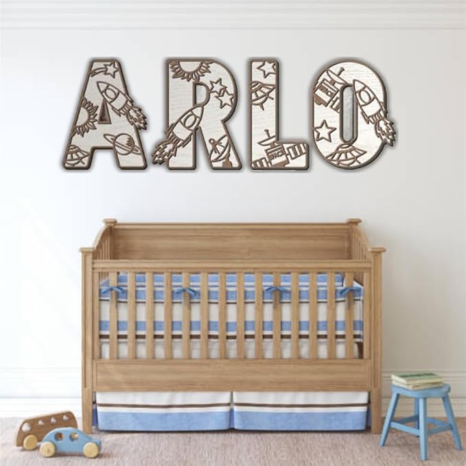 Personalized Wooden Name Sign - Custom Baby Name Signs for Nursery & Kids Room, Baby Announcement Sign, Wall Name Signs Personalized, Round Wooden Letters for Nursery Decor (Space 3D)