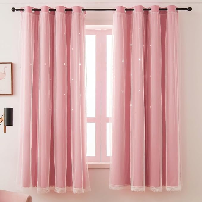 Pink Blackout Curtains for Girls Bedroom Cute- Aesthetic Star Cutout Double Layer with Sheer Overlay, 84 Inches Long, 2 Panels Baby Nursery Curtains Kids Room Decor Drapes
