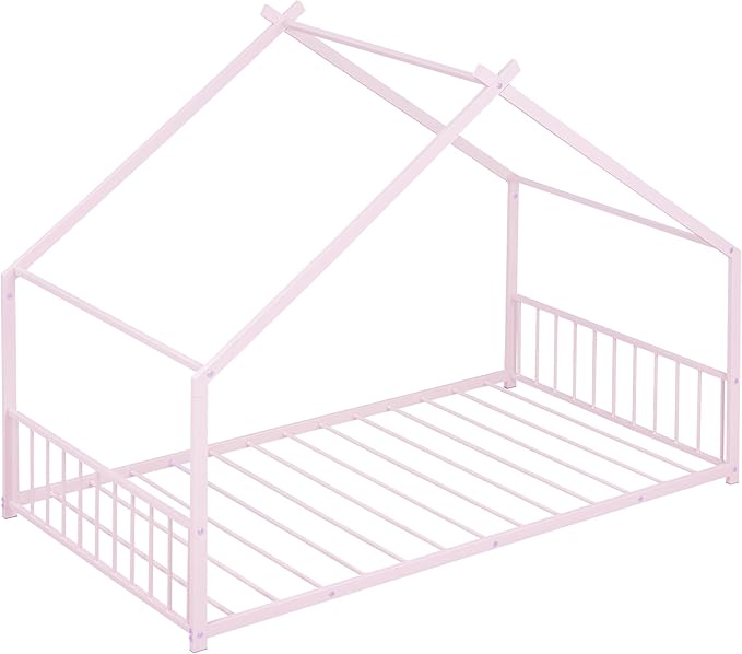 Twin Size House Shaped Montessori Platform Beds, Wood Floor Bed Frame with Roof and Fence Deisgn, Kids Double Toddler Bed for Children Boys Girls, Easy Assemble, No Box Spring Needed, Pink