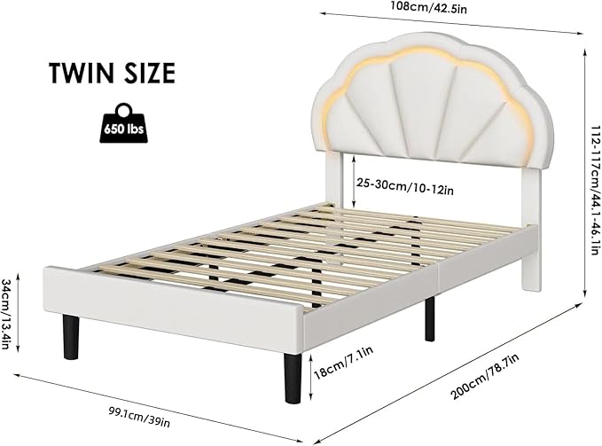 HIFIT Twin Upholstered Smart LED Bed Frame with Adjustable Chic Petal Headboard, Princess Twin Size Platform Bed Frames for Kids/Girls, Wooden Slats Support, No Box Spring Needed, Easy Assembly, Beige