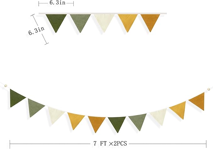 2 Sets of Sage Green Yellow Nursery Garland 24Pcs Fabric Linen Pennant Banner Flags Triangle Streamers for Baby Playroom Decor Kids Jungle Woodland Camper Birthday Baby Shower Boho Party Decorations
