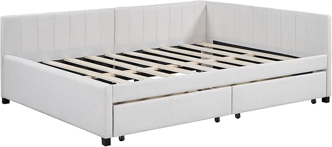 Harper & Bright Designs Full Size Upholstered Daybed with 2 Storage Drawers Sofa Bed Frame for Boys Girls Kids Adults Toddler No Box Spring Needed, Linen Fabric (Beige)