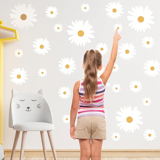12 Sheets Daisy Wall Decals, White and Yellow Daisy Flowers Wall Stickers, Large Vinyl Peel and Stick Floral Wall Decor for Living Room Bedroom Decoration Baby Girls Room Nursery Room