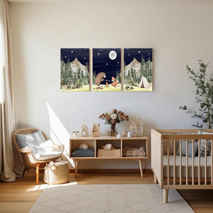 Camping Nursery Wall Decor, Bear Fox Nursery Print, Moon Night Woodland Nursery Decor, Watercolor Mountain Forest Wall Art, Set of 3 Nature Picture for Boy Girl Bedroom, Framed Canvas, 16"x24"x3