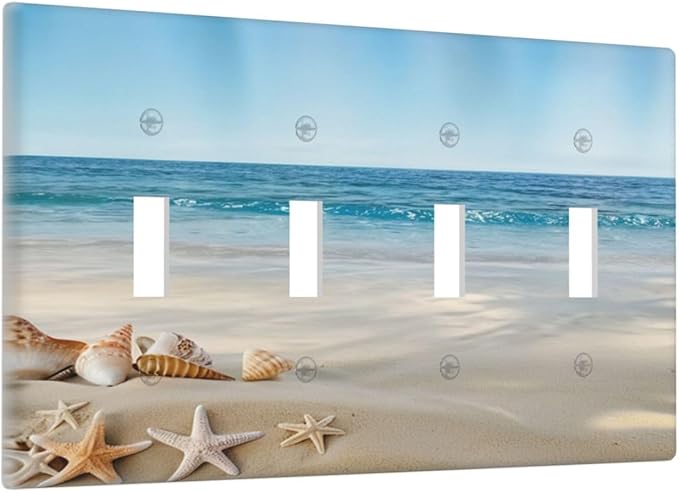 Light Switch Cover Summer Beach Starfish Shells 4 Gang Switch Plate Covers Quad Toggle Wall Plates Decorative Switchplate Electrical Faceplate for Bathroom Home Decor
