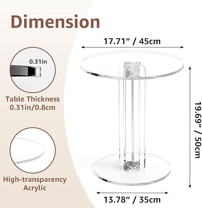 Round Acrylic Side Table, Modern Accent End Table, Minimalist Bedside Night Stand, Small Coffee Tables for Living Room Office Bedroom Indoor Home Decor, Transparent
