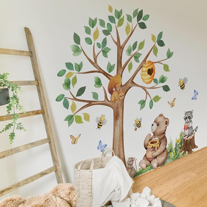 Large Woodland Animals Tree Wall Decal Set, Forest Tree with Bear Fox Bee Wall Stickers for Nursery Kids Bedroom Wall Decor, 55.51x44.49 inches