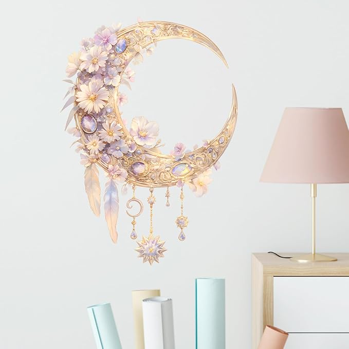 Dream Catcher Wall Decals Removable Moon Floral Vinyl Stickers for Nursery Living Room and Kids Playroom Fantasy Theme Decor Peel and Stick Wall Art