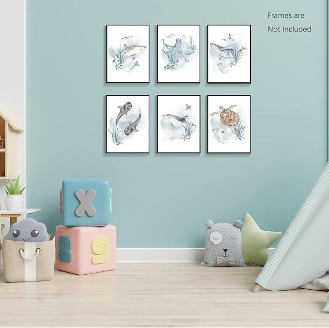 Wodkwq Nursery Wall Art Sea Animal Canvas Prints Baby Girl Boy Room Decor Watercolor Paintings Pictures Cute Ocean Theme Toddler Room Decoration Set of 6 for Kids Bedroom Bathroom 8x10in Unframed