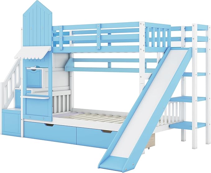 Twin-Over-Twin Castle Style Bunk Bed with 2 Drawers and 3 Shelves, Wooden Bunk Bed Frame and Storage Staircase
