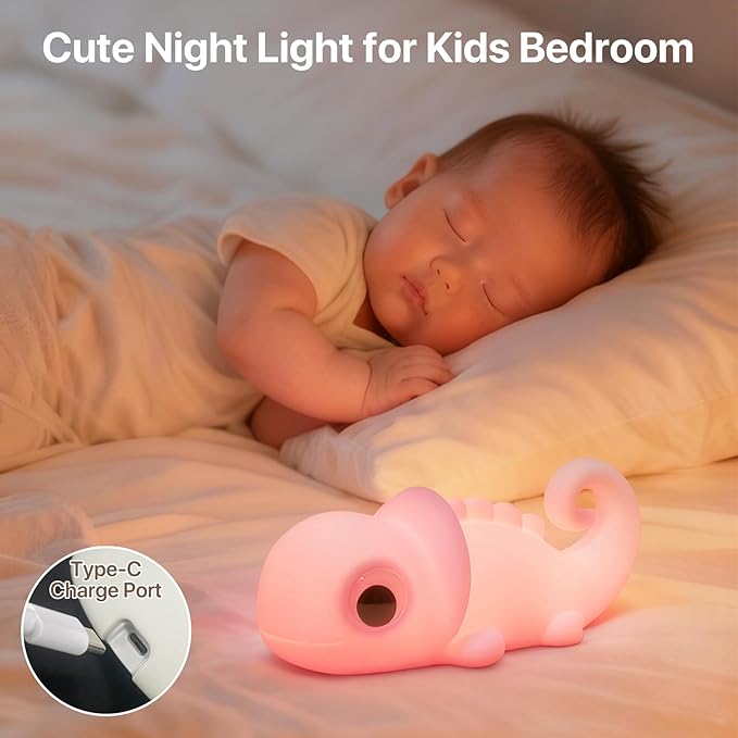 Cute Chameleon Night Light for Kids Rechargeable, Battery Operated Nightlight 3 Level Dimmable with RGB&Timer, Silicone Touch Nursery Lamp for Baby Girls Boys Bedroom Gifts