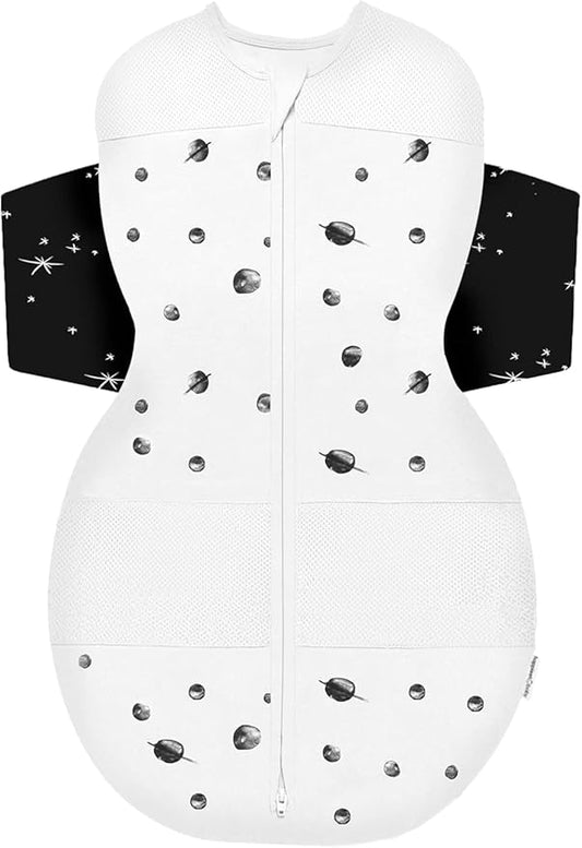 Happiest Baby SNOO Sleep Sack - 100% Organic Cotton Baby Swaddle Blanket - Doctor Designed Promotes Healthy Hip Development (Ivory Planets Black Wings, X-Large)