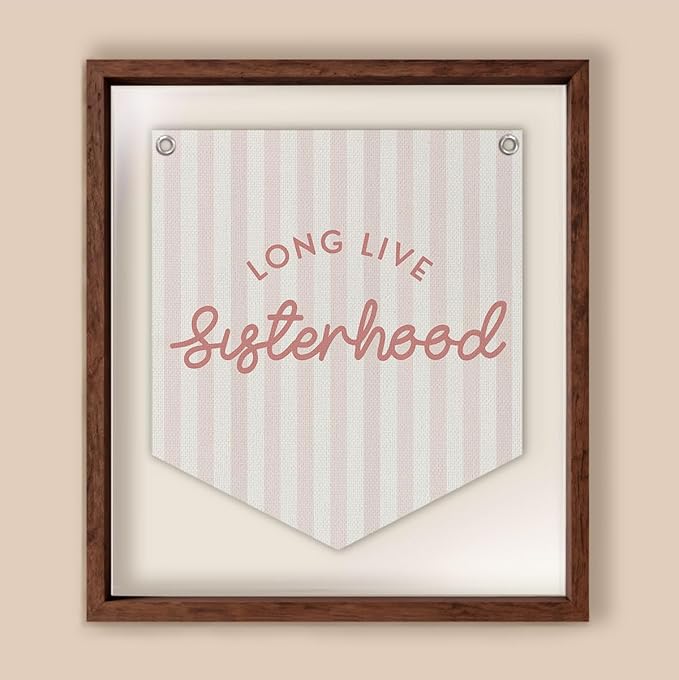 Lacama Girl Room Decor, Long Live Sisterhood Linen Banner Hanging Flag Retro Pink Banner for Nursery Playroom Wall Decor for Kids Bedroom Dorm Toddler Decorations Trendy Room Decor 12.4x14 in